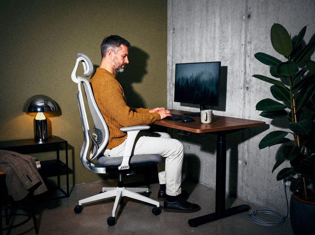 Vyras sėdi Ergonix OmniSit Pro kėdėje prie reguliuojamo aukščio stalo: pėdos ant grindų, alkūnės stalo lygyje, ekrano viršus akių aukštyje