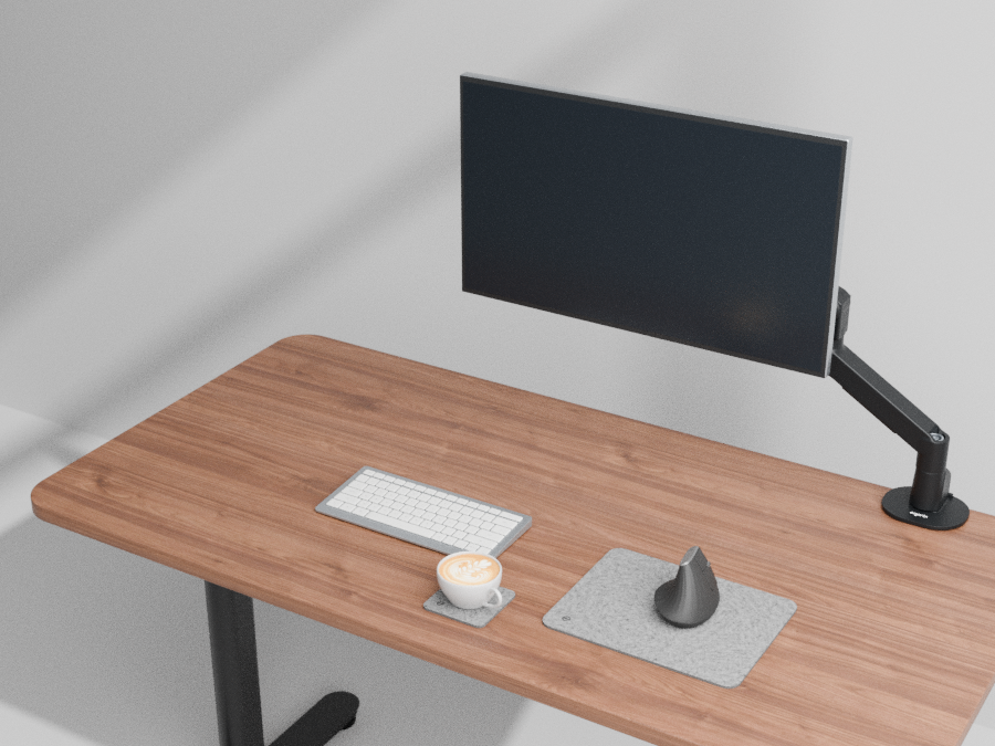 Světle šedá podložka pod myš a podtácek u držáku monitoru OmniARM