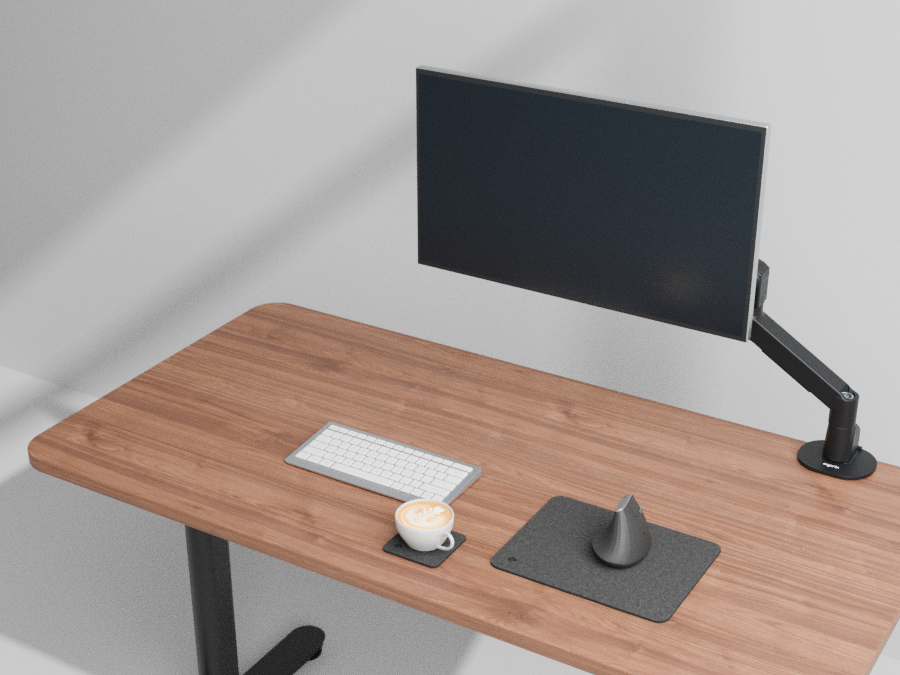 Tmavě šedá podložka pod myš a podtácek u držáku monitoru OmniARM