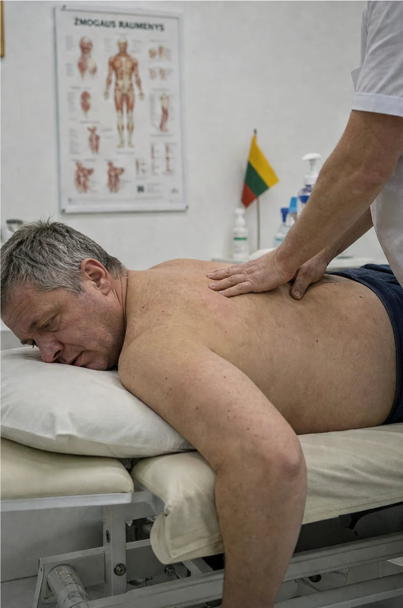Fizioterapeutas masažuoja vyro nugarą - sveikatos kaina, kai per ilgai ignoruojama