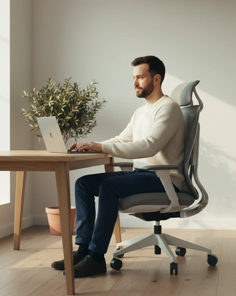 Muž pracuje u stolu a sedí v ergonomické židli Ergonix OmniSit Pro