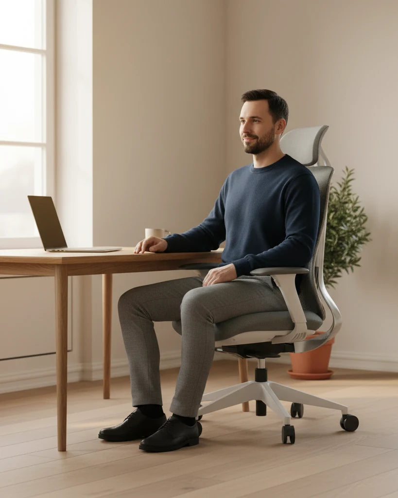 Muž v klidu pracuje na ergonomické židli Ergonix OmniSit Pro