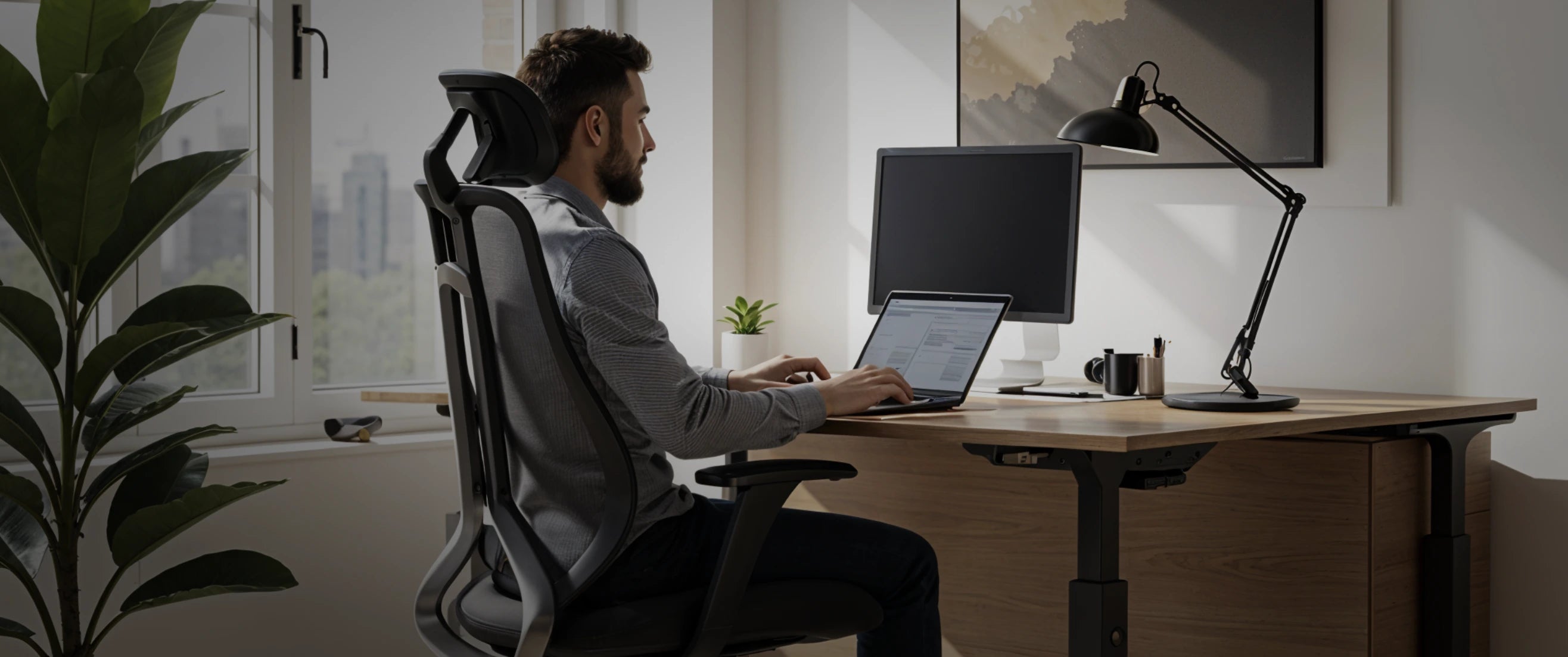Pracovní místo se židlí OmniSit Pro a dvěma monitory