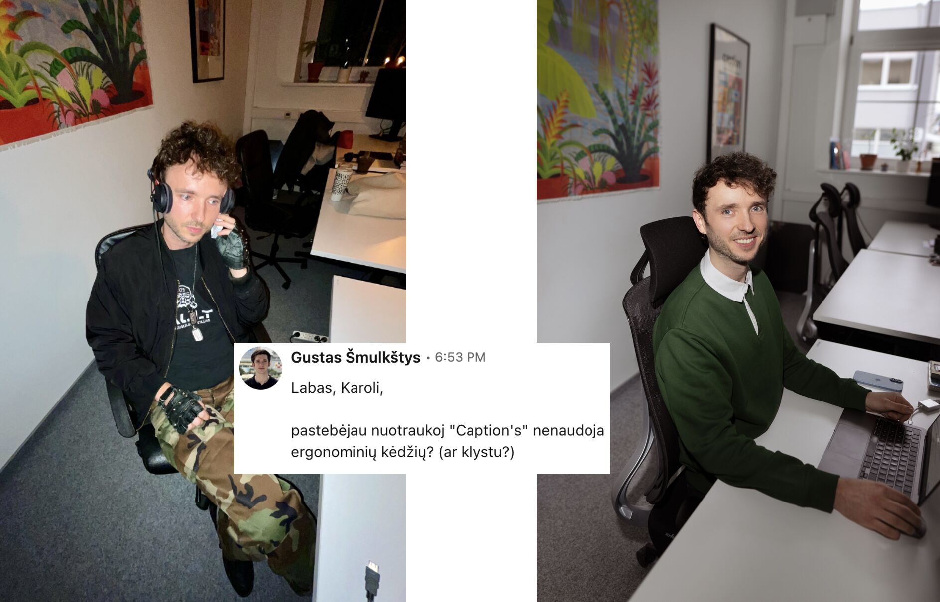 Fotky kanceláře Karolise Rimkuse před a po OmniSit Pro a zpráva Gustase Šmulkštyse na LinkedIn